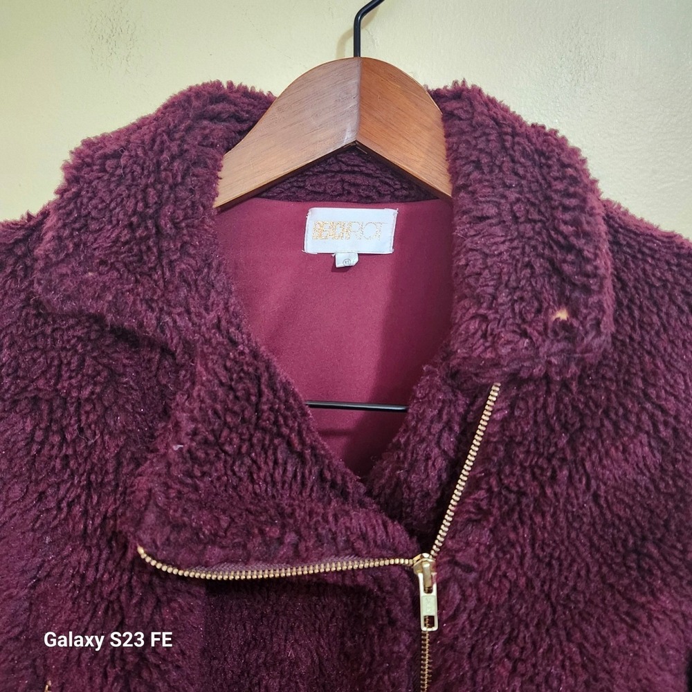 Beach Riot Burgundy Sherpa Moto Jacket Fleece Teddy Zip Up Womens XS Lined - Picture 11 of 12